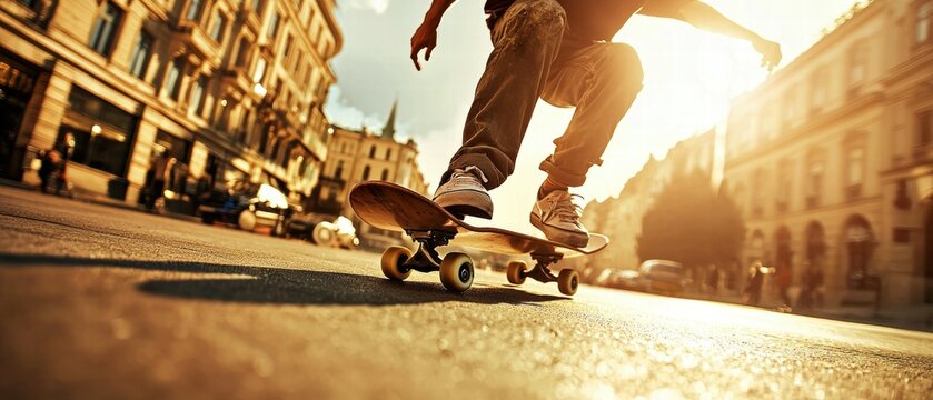 Skater Performing Tricks on Skateboard in Urban Sunset Scene