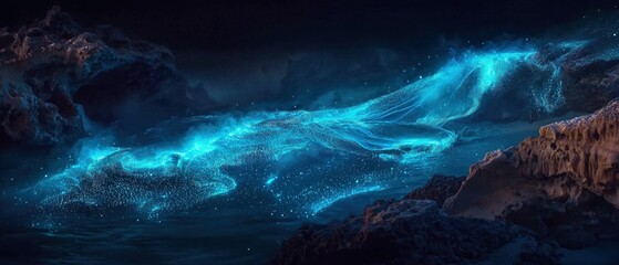 Mystical Ocean Scene with Glowing Waves and ethereal Light Effects