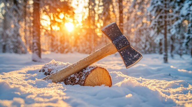 Sunset axe snow forest wood chopping winter