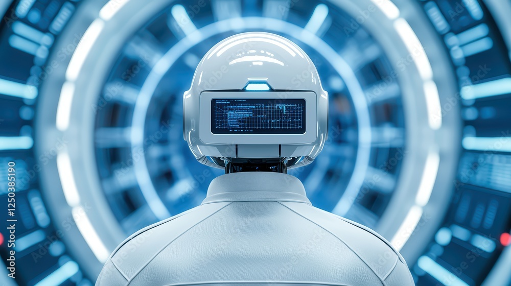 Poster futuristic robot with digital interface in high-tech environment
