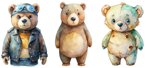 Cute bear illustrations, watercolor style, cartoon characters, playful design, children's art, adorable teddy bears.