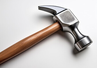 A hammer with a wooden handle is shown on a white background