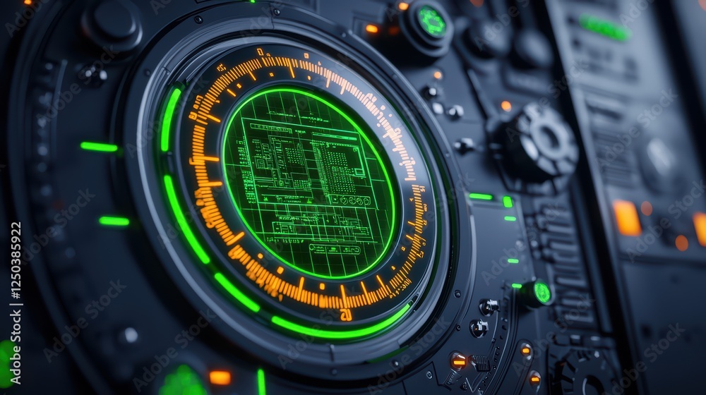 Poster futuristic user interface with green elements and technical display
