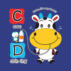 cow drinking milk accompanied by little penguin,design cartoon vector illustration