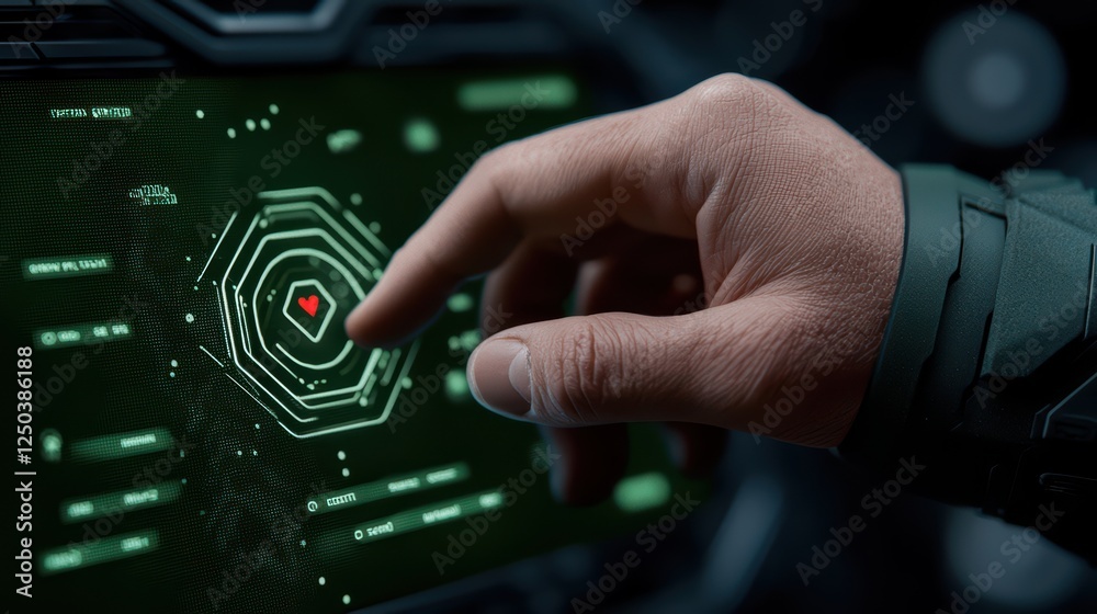 Poster futuristic display interaction with hand touching digital interface