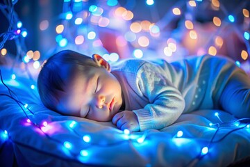 A baby is sleeping in a blue and white bed with lights around it