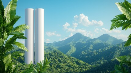 Fototapeta premium Modern Renewable Energy Structures Amidst Lush Green Mountains