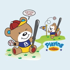 bear playing baseball with little monkey,design cartoon vector illustration