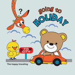 cute animals going to holiday design cartoon vector illustration