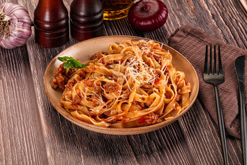Italian pasta bolognese with beef minced meat