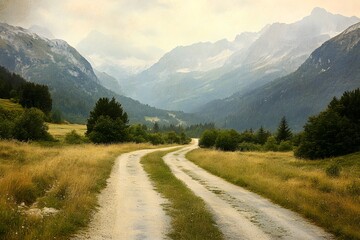 Naklejka premium Winding mountain road, valley vista, summer travel, scenic postcard