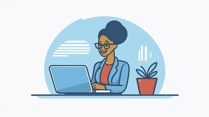 Imagen vectorial. representation de una mujer de negocios durante las horas de oficina, trabajando en su port&aacute;til