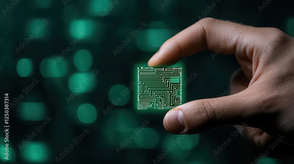Poster hand holding computer chip with circuit patterns on dark background