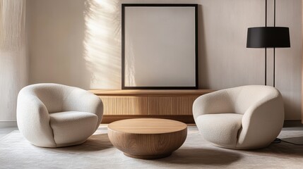 Modern living room setup featuring minimalist round wooden coffee table, elegant armchairs, mockup wall art frame, and stylish decor accents. Interior design. Template.