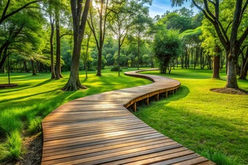 Obraz premium A long wooden path in a park with trees and grass