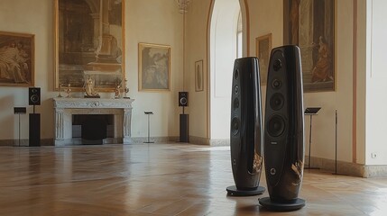 Elegant speakers in grand hall, art background, audiophile listening