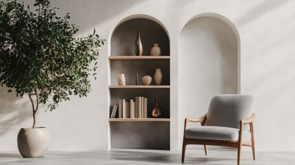 Modern living space featuring a cozy armchair, stylish bookshelf with decorative elements, and neutral wall art mockup. Ideal for interior design inspiration.