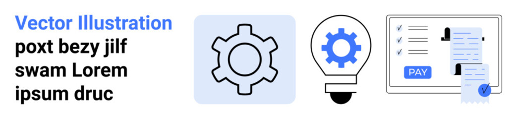 Gear for process optimization, lightbulb for innovation, invoice with payment button for financial transactions. Ideal for technology, workflow, finance, creativity, thinking, innovation abstract