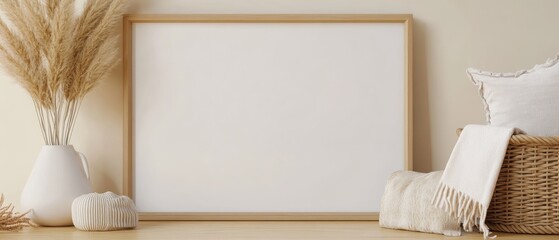Modern minimalist interior with blank poster frame, natural decor elements, cozy textiles, and stylish accents in a serene living space setting. Home decor. Template. Ready to use.