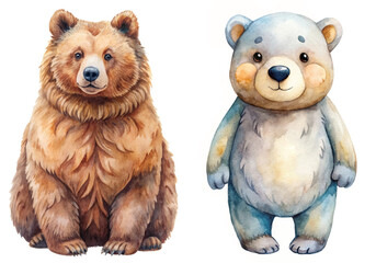 Cute bear illustrations, watercolor style, playful design, animal art, children's decor, nature theme.