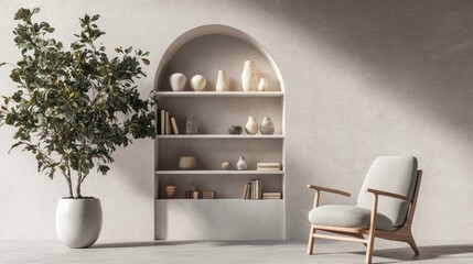 Modern minimalist living space featuring a chic wooden chair, decorative shelf filled with vases, and a lush green plant. Perfect for wall art poster mockups.