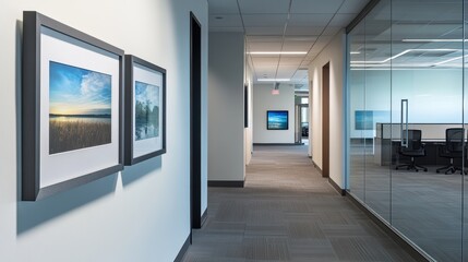 Modern office corridor featuring framed photographs on walls, glass partitions, and minimalistic design elements. Ideal for wall art and poster mockups. Professional setting.