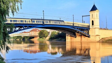 Fototapeta premium A scenic view of a bridge with a train crossing over a river at sunset.