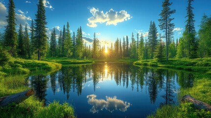 Serene Lakeside Forest Reflecting the Golden Sunset and Azure Sky