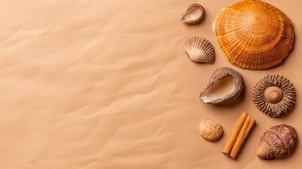 Natural Shells and Brown Background with Textured Surface Layout
