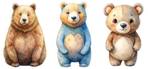 Cute bear illustrations, watercolor style, playful design, colorful characters, ideal for children's products, nursery decor.