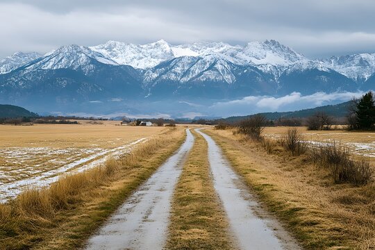 Snowy mountain range view, rural road, winter landscape, travel poster