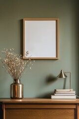 Obraz premium Modern wooden console table with a blank poster frame, decorative vase, metal lamp, stacked books, and minimalist decor. Perfect for interior design mockups.