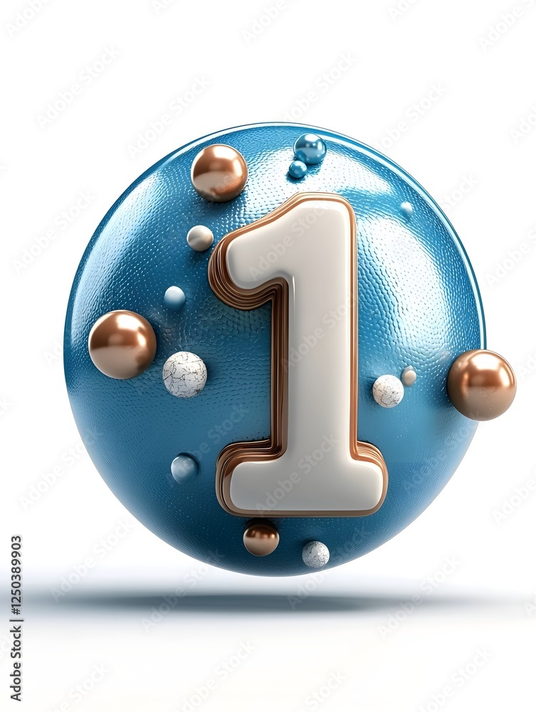 Poster shiny turquoise metallic number 1 sphere floating on plain background abstract 3d rendering of a min