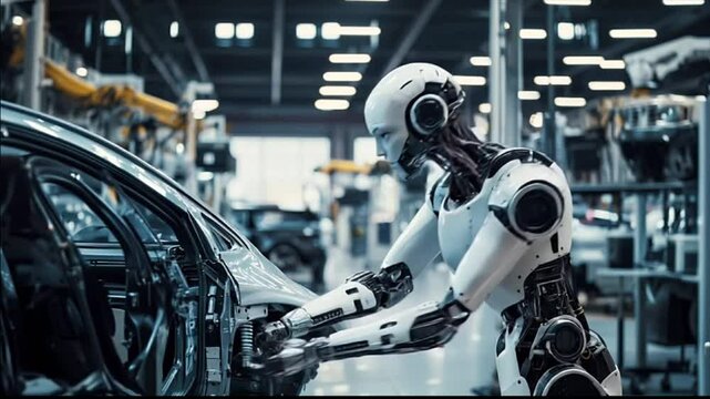 Robotic automation in vehicle manufacturing. Advanced AI robot working in a modern car production facility. Industry, future, innovation, robotics