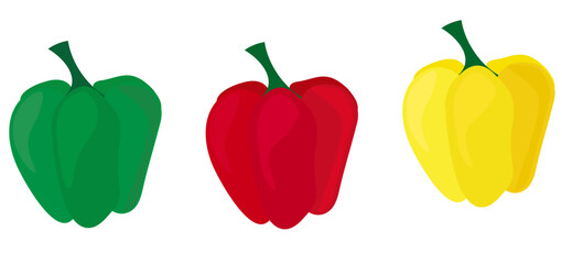 Set of three peppers, red pepper green pepper yellow pepper vector illustration.