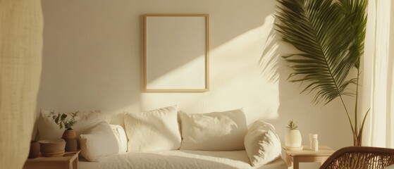 Scandinavian living room featuring a cozy beige sofa, mockup poster frame, indoor plants, and natural light, perfect for home decor inspiration and design templates.