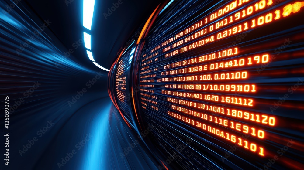 Poster futuristic data stream with glowing binary code in a tunnel