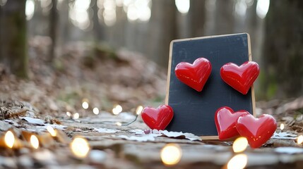 Red hearts on a path in a serene forest setting.