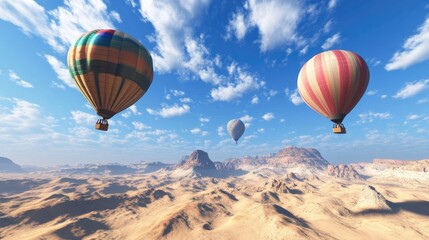 Obraz premium Hot Air Balloons Over a Desert Landscape with a Sunny Sky and Clouds