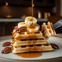 A rich, decadent waffle creation topped with caramelized banana slices and toasted pecans. A slow drizzle of warm salted caramel cascades down