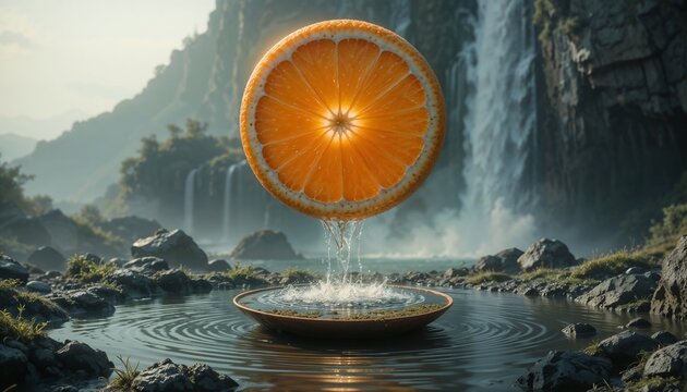 8K resolution, ultra-realistic surreal art of a halved orange suspended in space, with the top half casting a glowing light onto the landscape below. A small pond formed inside the bottom half reflect