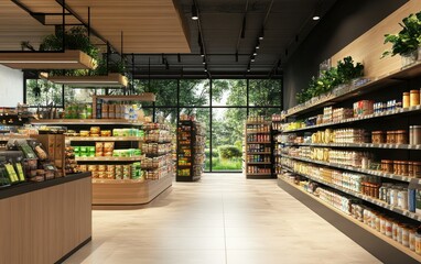 Modern grocery store interior, sunlight, fresh produce