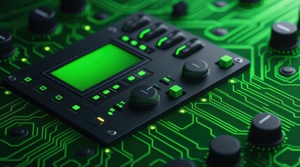 Futuristic Green Circuit Board with Control Panel and Lights