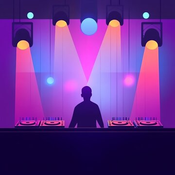 A vibrant DJ set-up with colorful lights illuminating the energetic atmosphere.