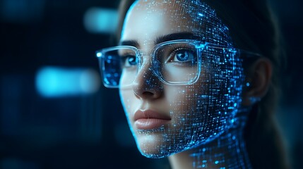 Woman with digital face overlay in dark studio