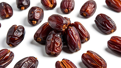 Date palms on a white and red background Dried fruits and sweets Perfect for a delicious and healthy snack.
