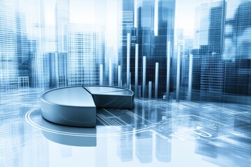 Modern Business Data Visualization with Futuristic Cityscape and Pie Chart Element