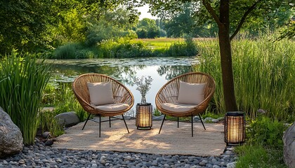 Wicker chairs by pond, tranquil garden setting