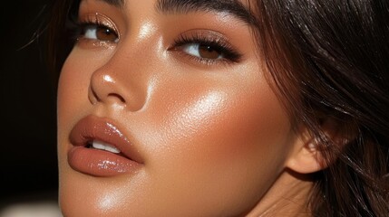 Close-up portrait of a woman showcasing radiant skin and glossy lips with soft lighting effects