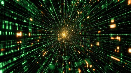 Naklejka premium Bright Digital Matrix Burst with Green Lines and Golden Flashes in Futuristic Space